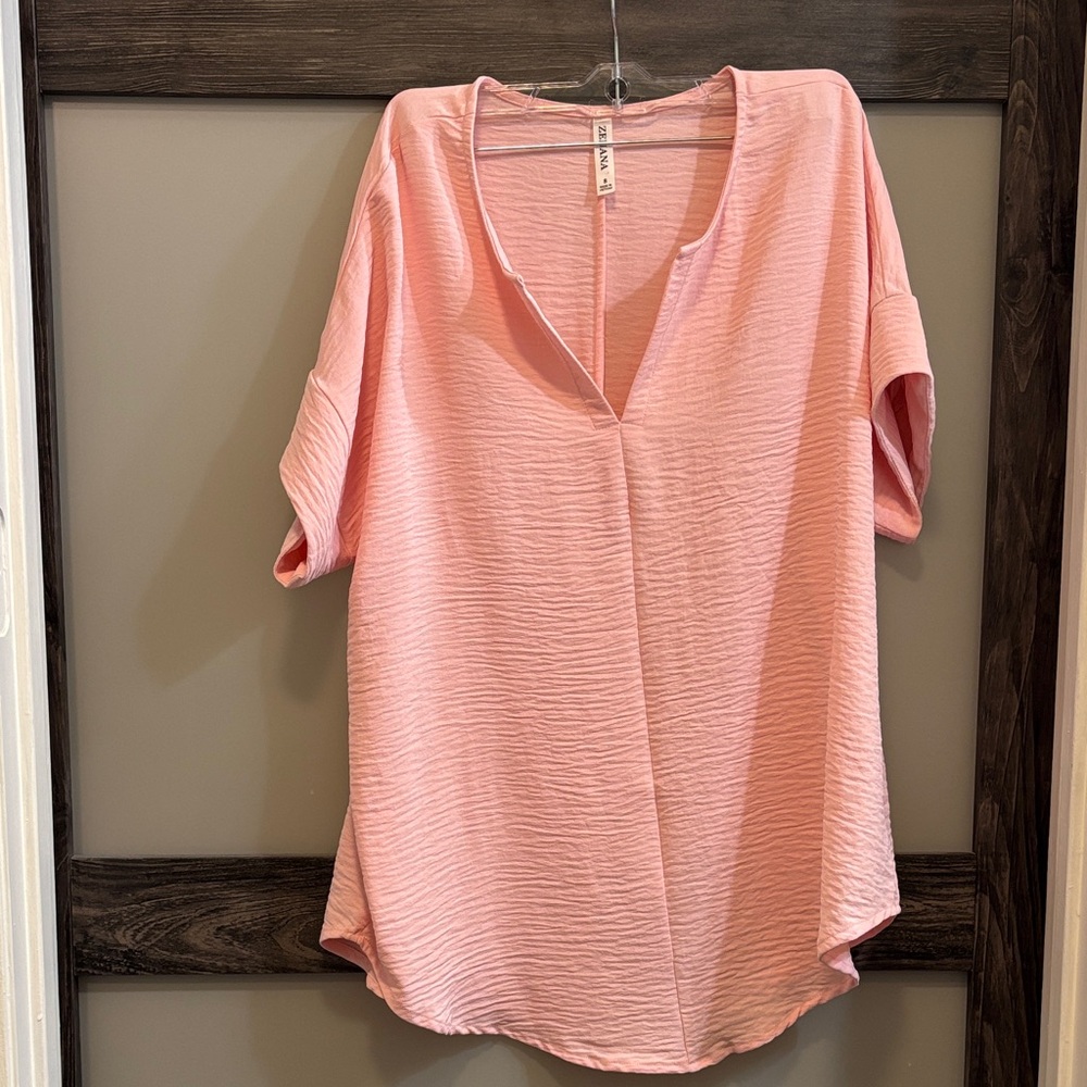Zenana Blush Textured V-Neck Blouse